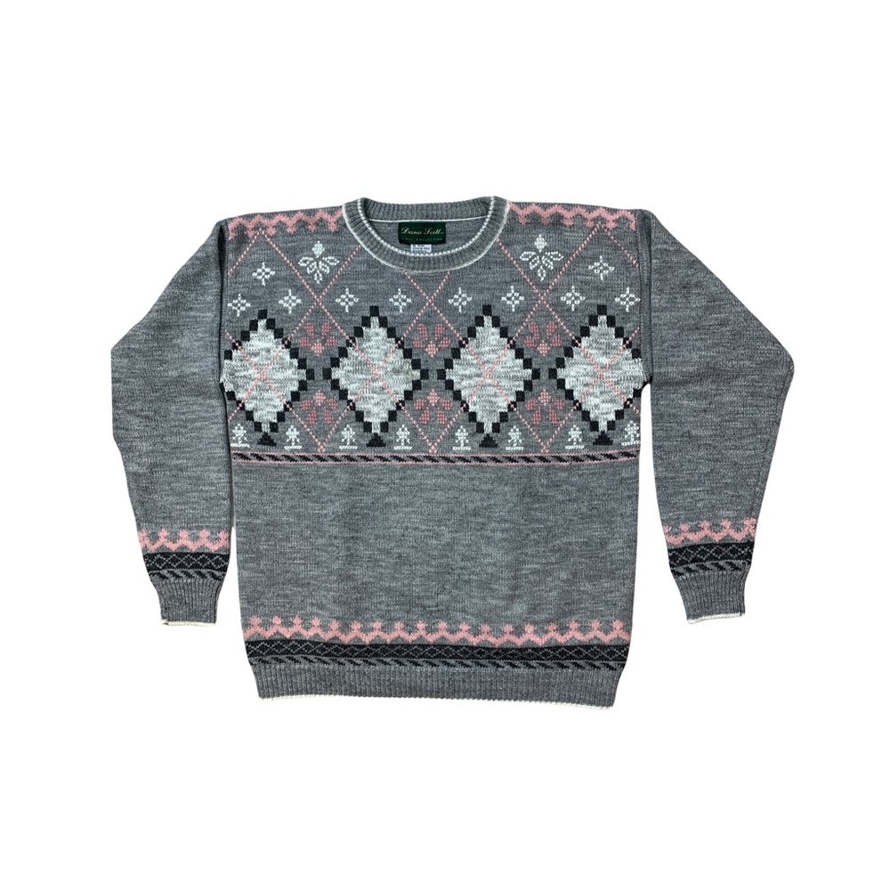 Vintage Dana Scott Women’s Nordic Fair Isle Sweater Gray Pink Size Small